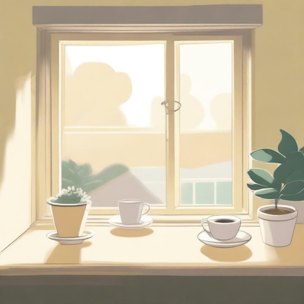 Illustrate in the style of lofi album artwork a cozy window seat with a view of a sunny garden or street