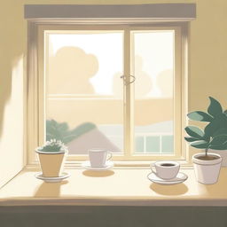 Illustrate in the style of lofi album artwork a cozy window seat with a view of a sunny garden or street