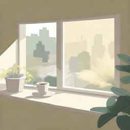 Illustrate in the style of lofi album artwork a cozy window seat with a view of a sunny garden or street