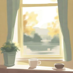 Illustrate in the style of lofi album artwork a cozy window seat with a view of a sunny garden or street