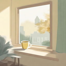 Illustrate in the style of lofi album artwork a cozy window seat with a view of a sunny garden or street