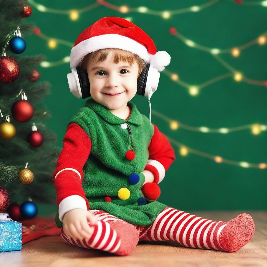 A cheerful Santa's elf listening to music with headphones on