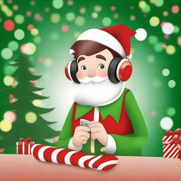 A cheerful Santa's elf listening to music with headphones on