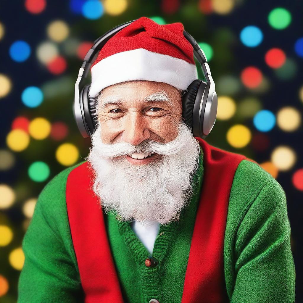 A cheerful Santa's elf listening to music with headphones on