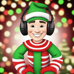 A cheerful Santa's elf listening to music with headphones on