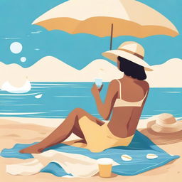 Illustrate in the style of lofi album art, a beachside scene with a person sitting on a towel, sipping a refreshing drink while looking out at the ocean