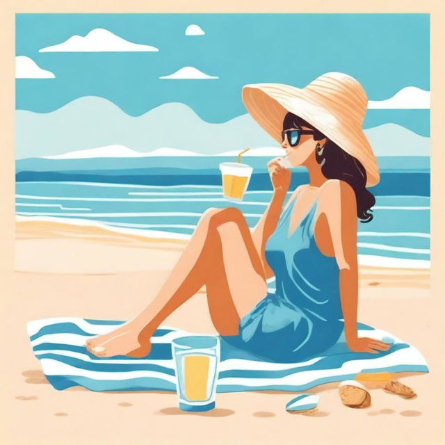 Illustrate in the style of lofi album art, a beachside scene with a person sitting on a towel, sipping a refreshing drink while looking out at the ocean