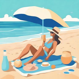 Illustrate in the style of lofi album art, a beachside scene with a person sitting on a towel, sipping a refreshing drink while looking out at the ocean