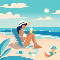 Illustrate in the style of lofi album art, a beachside scene with a person sitting on a towel, sipping a refreshing drink while looking out at the ocean