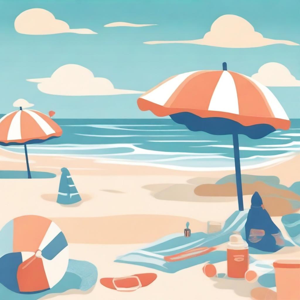 Illustrate in the style of lofi album art, a beachside scene including sandy shores, gentle waves, a beach towel, and a beach umbrella