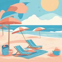 Illustrate in the style of lofi album art, a beachside scene including sandy shores, gentle waves, a beach towel, and a beach umbrella