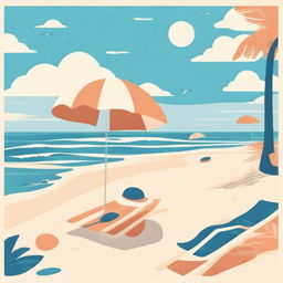 Illustrate in the style of lofi album art, a beachside scene including sandy shores, gentle waves, a beach towel, and a beach umbrella