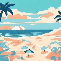 Illustrate in the style of lofi album art, a beachside scene including sandy shores, gentle waves, a beach towel, and a beach umbrella