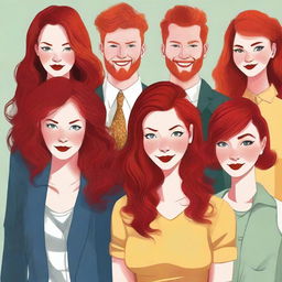 Create an image featuring a group of redheaded individuals with diverse hairstyles and outfits