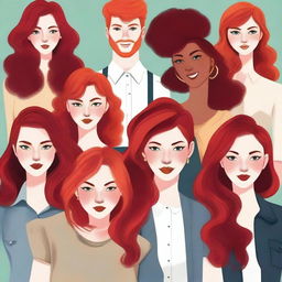 Create an image featuring a group of redheaded individuals with diverse hairstyles and outfits