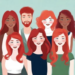 Create an image featuring a group of redheaded individuals with diverse hairstyles and outfits