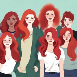 Create an image featuring a group of redheaded individuals with diverse hairstyles and outfits