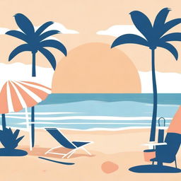 Illustrate in the style of lofi album art, a sparse beachside scene with sandy shores, gentle waves, a beach towel, and a beach umbrella