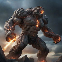 A colossal giant in mid-action, shattering an incoming meteor with a powerful punch against a dramatic sky backdrop.