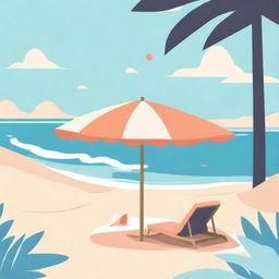 Illustrate in the style of lofi album art, a sparse beachside scene with sandy shores, gentle waves, a beach towel, and a beach umbrella