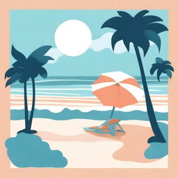 Illustrate in the style of lofi album art, a sparse beachside scene with sandy shores, gentle waves, a beach towel, and a beach umbrella