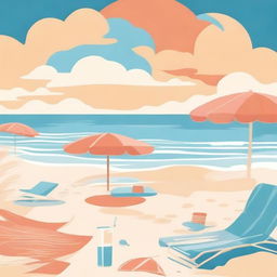 Illustrate in the style of lofi album art, a sparse beachside scene with sandy shores, gentle waves, a beach towel, and a beach umbrella