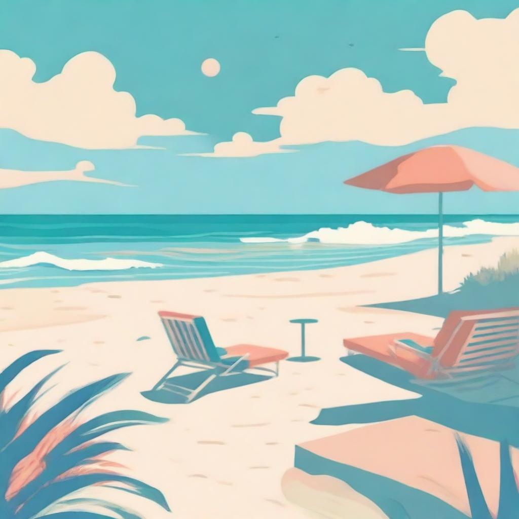 Illustrate in the style of lofi album art, a beachside scene with sandy shores and gentle waves