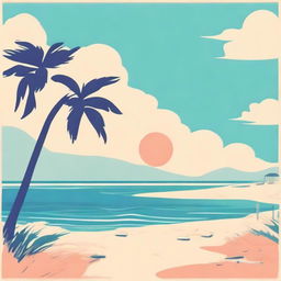 Illustrate in the style of lofi album art, a beachside scene with sandy shores and gentle waves