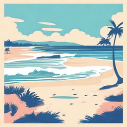 Illustrate in the style of lofi album art, a beachside scene with sandy shores and gentle waves