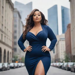 A curvaceous woman wearing fashion-forward clothing in a cityscape background