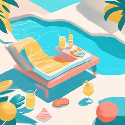 Illustrate in the style of lofi album art, a sunny poolside scene with a cozy lounge chair and a small table with a refreshing drink