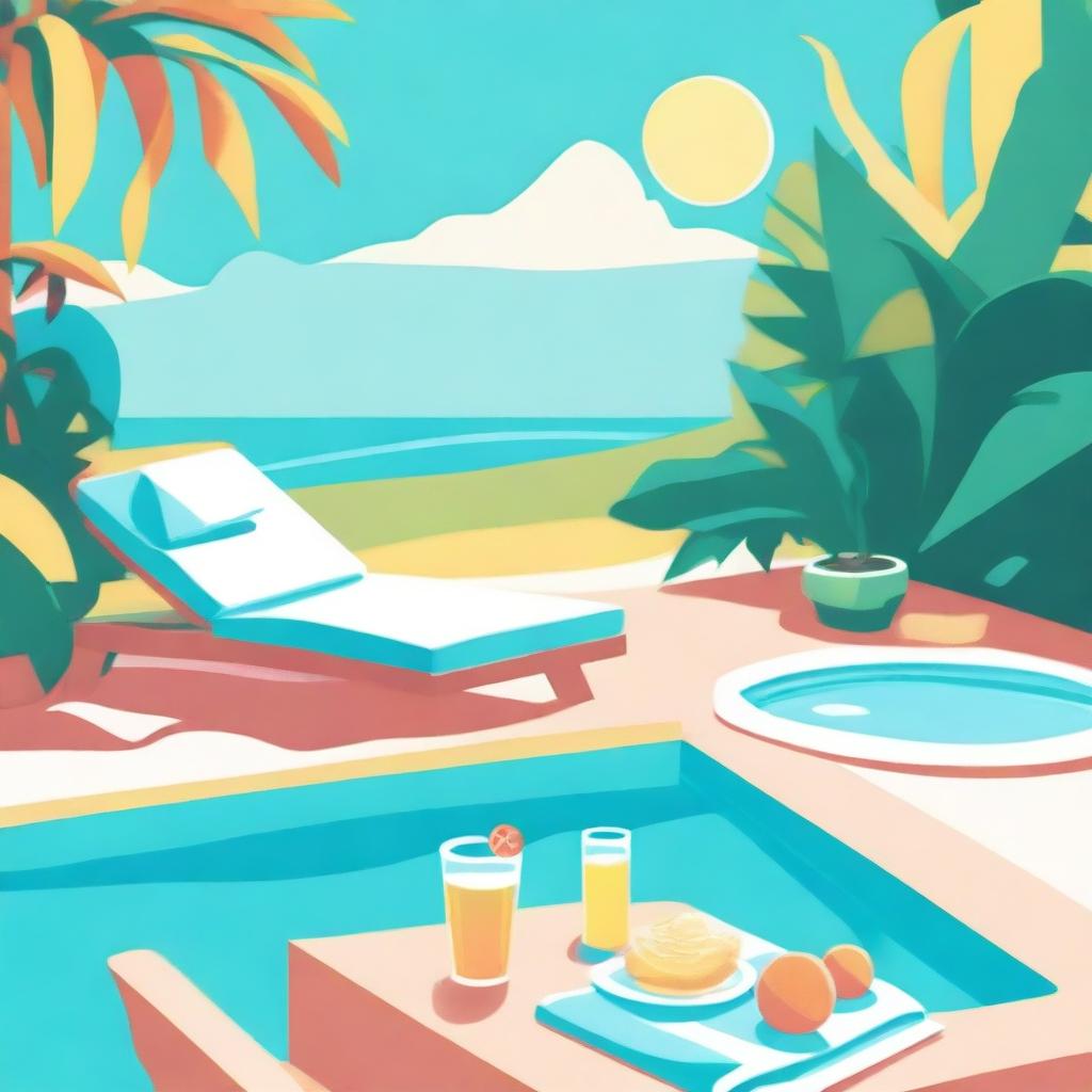 Illustrate in the style of lofi album art, a sunny poolside scene with a cozy lounge chair and a small table with a refreshing drink