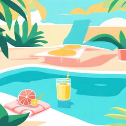 Illustrate in the style of lofi album art, a sunny poolside scene with a cozy lounge chair and a small table with a refreshing drink