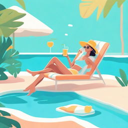 Illustrate in the style of lofi album art, a sunny poolside scene with a cozy lounge chair and a small table with a refreshing drink