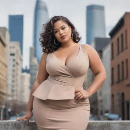 A curvaceous woman wearing fashion-forward clothing in a cityscape background