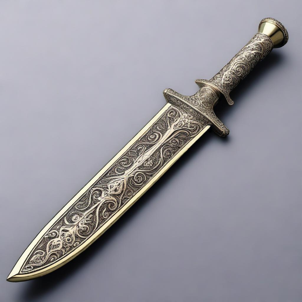 A detailed image of a brass cutlass sword featuring a unique knuckle duster handle