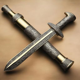 A detailed image of a brass cutlass sword featuring a unique knuckle duster handle