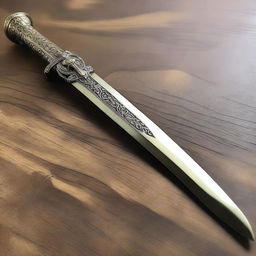 A detailed image of a brass cutlass sword featuring a unique knuckle duster handle