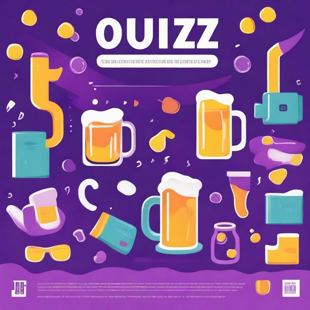 A vibrant poster for a quiz game where teams answer questions on different topics, drink beer, and have fun