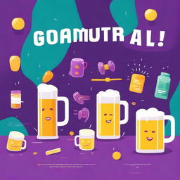 A vibrant poster for a quiz game where teams answer questions on different topics, drink beer, and have fun