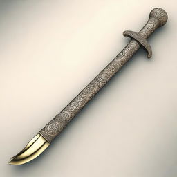 A detailed image of a brass cutlass sword featuring a round knuckle duster handle with four holes for fingers