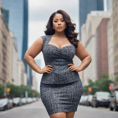 Discover the Epitome of Modern Fashion with a Curvaceous Woman in a Cityscape Background