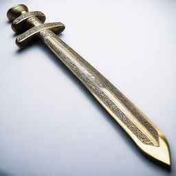 A detailed image of a brass cutlass sword featuring a round knuckle duster handle with four holes for fingers