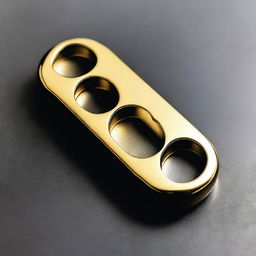 A detailed image of a brass knuckle duster with four holes for fingers