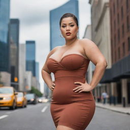 A curvaceous woman wearing fashion-forward clothing in a cityscape background