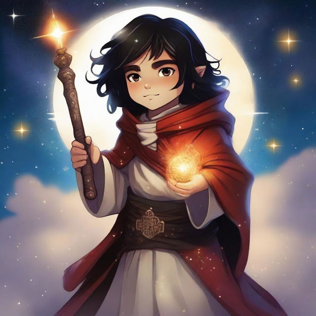 A detailed illustration of a cleric halfling with black hair and red eyes, appearing to be around 30 years old