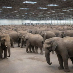 A large warehouse filled with elephants of varying sizes and colours, peacefully cohabitating in the vast, echoey space