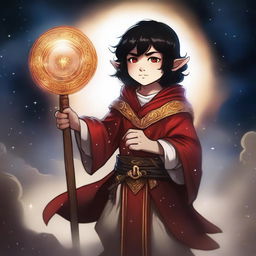 A detailed illustration of a cleric halfling with black hair and red eyes, appearing to be around 30 years old