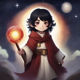 A detailed illustration of a cleric halfling with black hair and red eyes, appearing to be around 30 years old