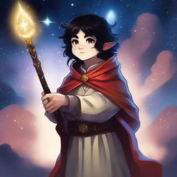 A detailed illustration of a cleric halfling with black hair and red eyes, appearing to be around 30 years old